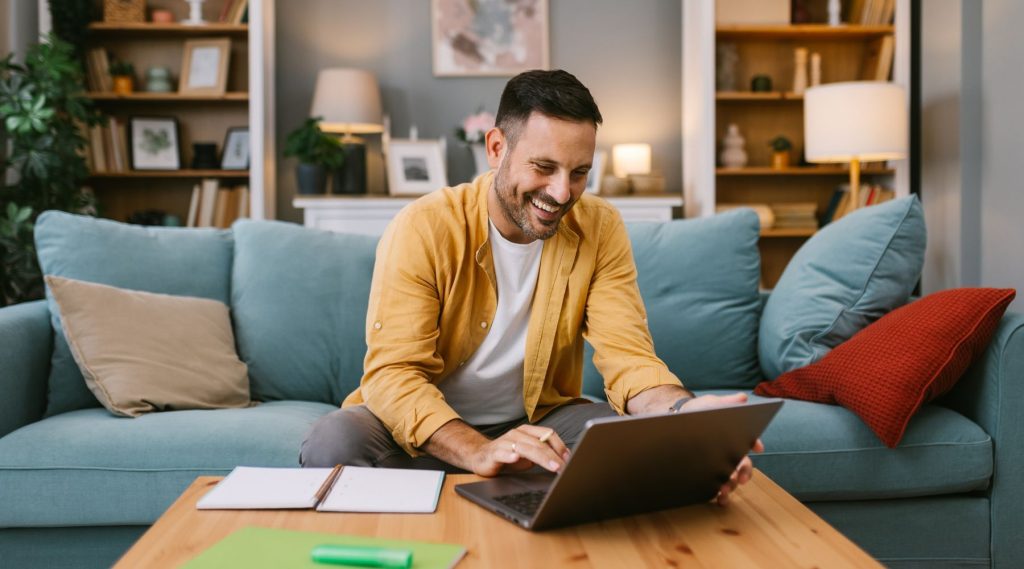 Happy man using his laptop