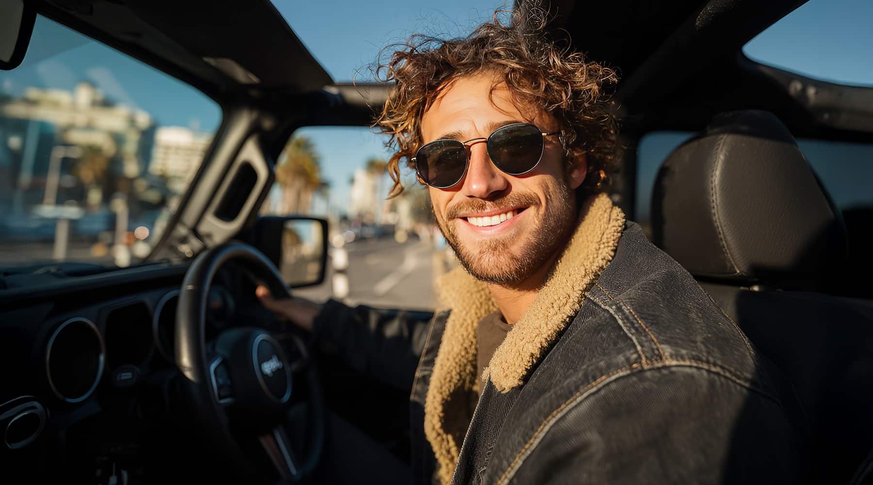 Man behind the wheel of his car.